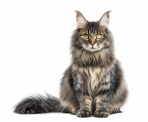 A fluffy silver Maine Coon cat sits on a light background