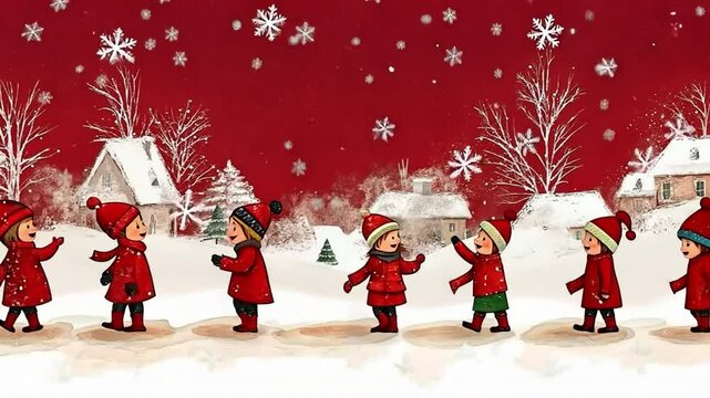 illustration of children playing in the snow, surrounded by festive decorations and Christmas trees. 