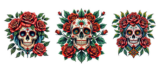 Dia de Muertos celebration with colorful skull and floral elements