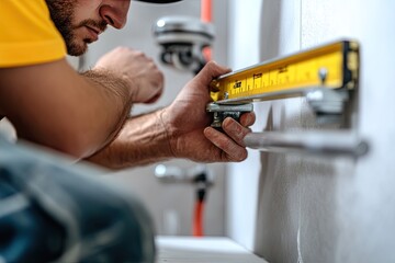 A contractor uses a level to check the alignment of a towel bar. The photo shows the importance of precise measurements for a professional finish.