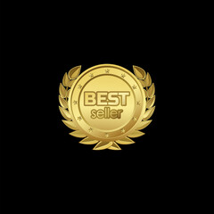 Best seller golden award medal with stars and laurel wreath, vector premium quality badge achievement round emblem