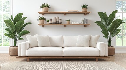 Stylish white sofa against a bright wall, complemented by wooden shelves and lush plants for a modern interior decor.