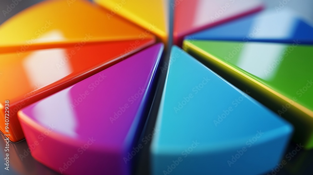 Poster A close-up of a 3D pie chart with vibrant segments, showing a detailed breakdown of financial data with a reflective surface.