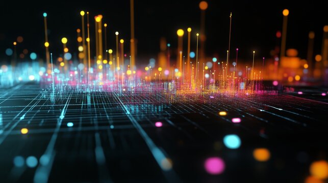 A close-up of a 3D scatter plot with data points floating above a grid, using various colors and sizes to represent different financial data sets and trends.