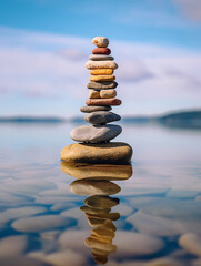 Stack of rocks in the middle of a calm body of 0water