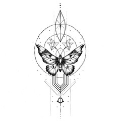 Bohemian butterfly tattoos in geometric style. Butterfly illustration sketch, mystical symbol. Mystical occult symbols and insects.
