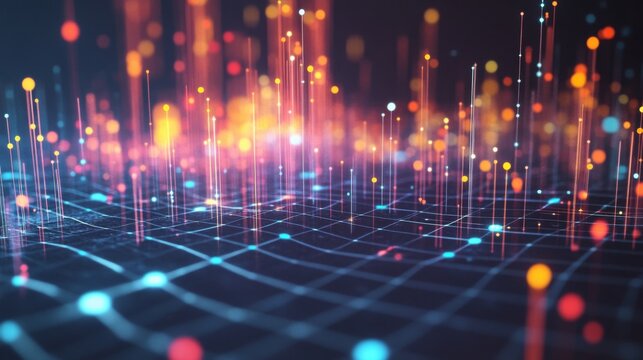 A close-up of a 3D scatter plot with data points floating above a grid, using various colors and sizes to represent different financial data sets and trends.