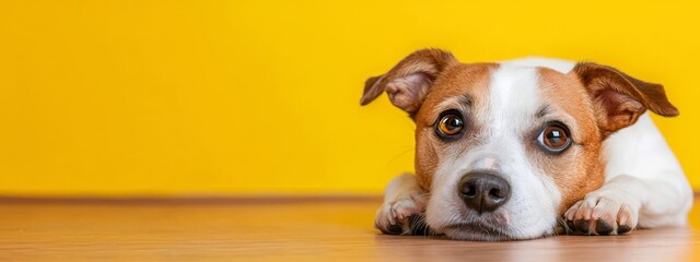  A tight shot of a dog resting on the floor, its chin touching the ground and gaze fixed on the camera