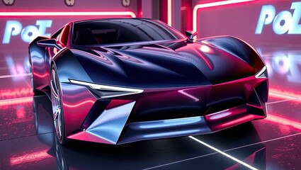 Naklejka premium Futuristic Sports Car in Neon Lights