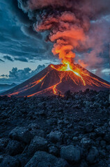 Mount Erupting at Night with Lava Flow and Fiery Flames Lighting Up the Sky