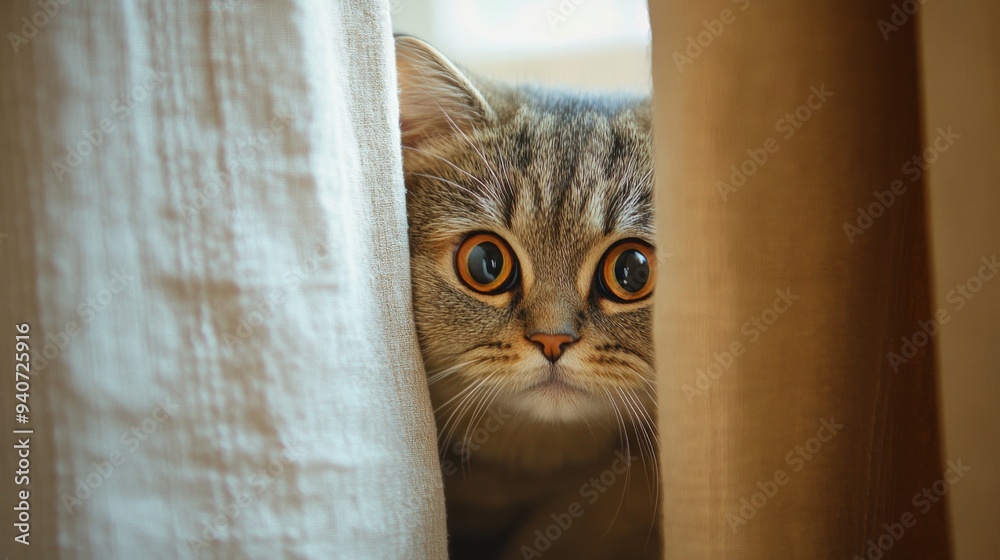 Poster a close-up of a chubby cat peeking out from behind a curtain, with its curious eyes and rounded body