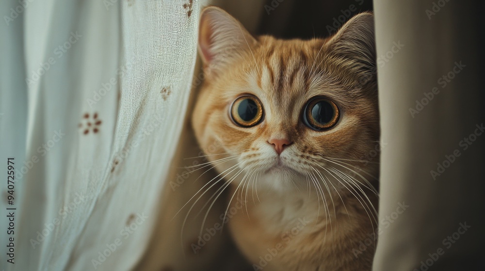 Aufkleber a close-up of a chubby cat peeking out from behind a curtain, with its curious eyes and rounded body