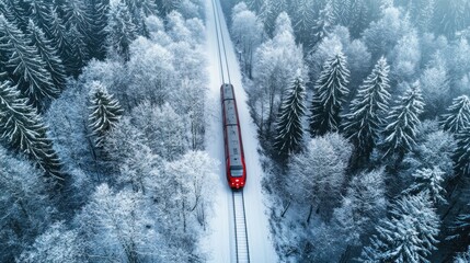 Red Train Through a Snowy Forest