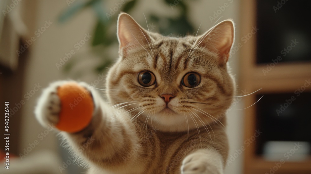 Poster a close-up of a chubby cat playfully batting at a toy, with its round face and chubby paws in focus,
