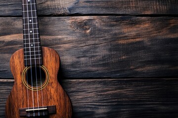 Obraz premium Close up of ukulele on old wooden background, Dark tone , ai