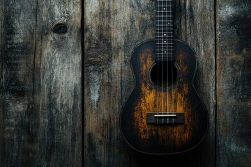 Obraz premium Close up of ukulele on old wooden background, Dark tone , ai