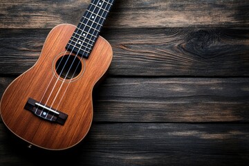 Obraz premium Close up of ukulele on old wooden background, Dark tone , ai