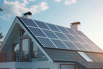 Fototapeta premium Modern house with solar panels covering the roof under a clear blue sky, featuring large windows and a balcony, showcasing eco-friendly and sustainable energy technology