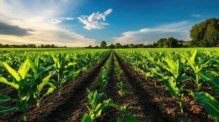 Fototapeta premium Rows of corn growing in a field. This photo can be used for agricultural, farming, or food-related projects.