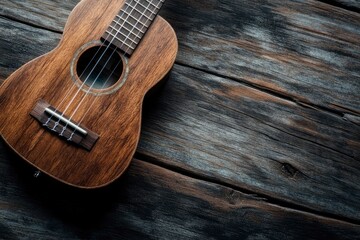 Fototapeta premium Close up of ukulele on old wooden background, Dark tone , ai