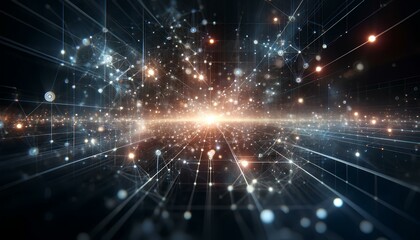 Abstract Technology Background with Glowing Nodes and Links in a Cybernetic Grid Pattern over a Dark Gradient