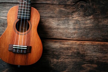 Obraz premium Close up of ukulele on old wooden background, Dark tone , ai