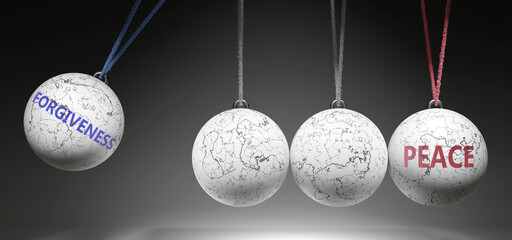 Forgiveness and Peace - cause and effect relationship. A Newton cradle metaphor showing how forgiveness results in peace. It initiates peace. ,3d illustration
