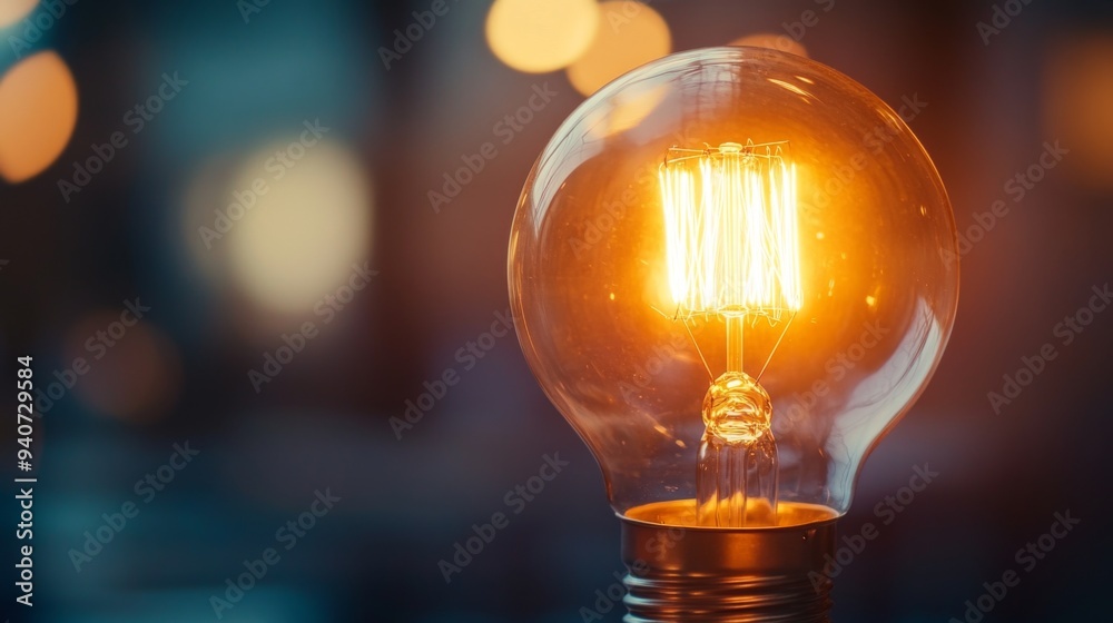 Poster a close-up of a glowing incandescent light bulb with a warm, soft light emitting from it, highlighti