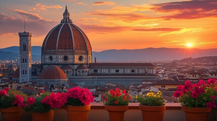 Fototapeta premium Enjoy sunset views of Florence's dome, vibrant flowers, and a romantic couple sharing wine.