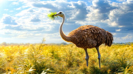 Majestic wild Australian emu, Dromaius novaehollandiae, perches in dry scrub, showcasing its grey-brown plumage and powerful legs, against a scenic outback rural Queensland backdrop.