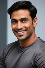 Fototapeta premium Portrait of handsome good looking indian male model wearing gray t-shirt mockup