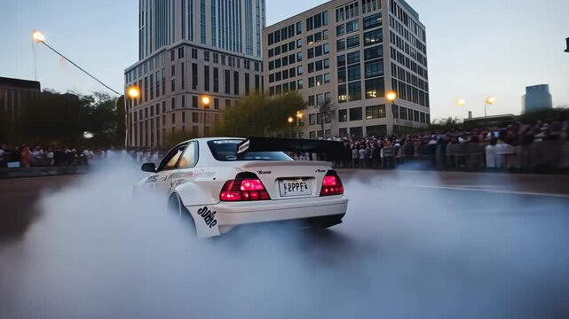 The white car effectively drifts in front of the audience, performing an accurate skid. Driving skills, drift, speed, lots of smoke and adrenaline levels