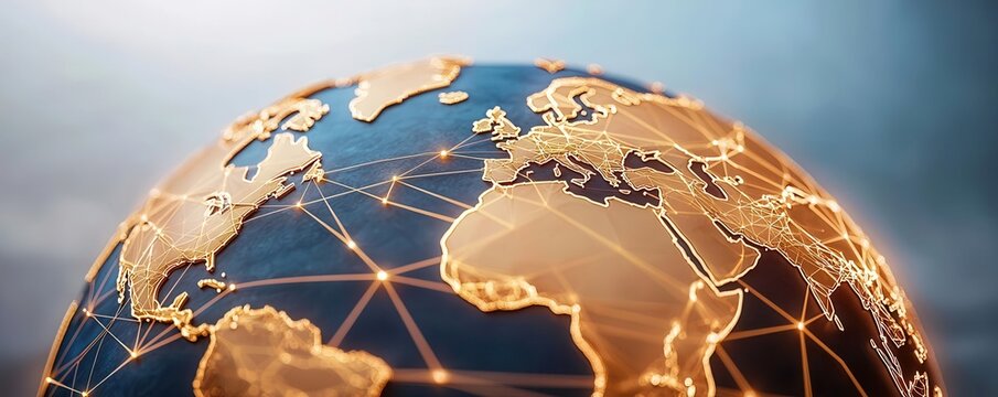 Close-up view of a digital globe with golden network connections, representing global communication, innovation, and international connectivity.