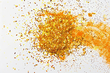 Golden shiny dusty transparent background.Crumbs of gold dust scattered across the white background. Gold dust in dynamic motion. Golden confetti.