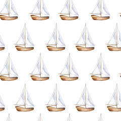 Simple ship in cute style beige tone watercolor seamless pattern isolated. Sailboat, vessel, sea transport hand drawn endless background. Childish nautical design for boys room, textile