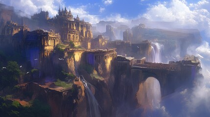 Golden city atop a mountain with waterfalls and bridge, sky with white clouds.