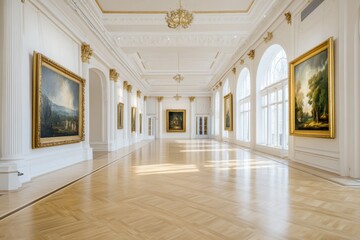 Obraz premium A luxurious palace gallery adorned with classical paintings in golden frames and rich tapestries