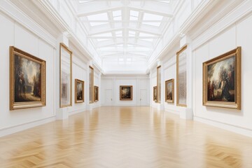 Obraz premium A luxurious palace gallery adorned with classical paintings in golden frames and rich tapestries