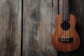 Fototapeta premium Close up of ukulele on old wooden background, Dark tone , ai