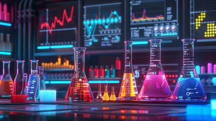 Four brightly lit chemical flasks with colorful solutions are placed in a modern laboratory with data analysis graphs in the background.