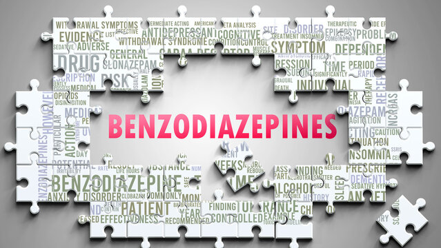 Benzodiazepines as a complex subject, related to important topics. Pictured as a puzzle and a word cloud made of most important ideas and phrases related to benzodiazepines. ,3d illustration