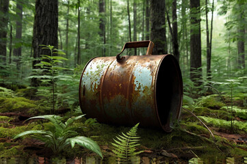 Discarded Oil Can in Lush Green Forest - Environmental Pollution Concept
