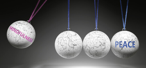 Mindfulness and Peace - cause and effect relationship. A Newton cradle metaphor showing how mindfulness results in peace. It initiates peace. ,3d illustration