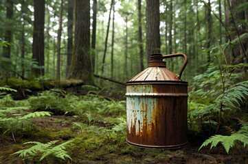 Fototapeta premium Discarded Oil Can in Lush Green Forest - Environmental Pollution Concept