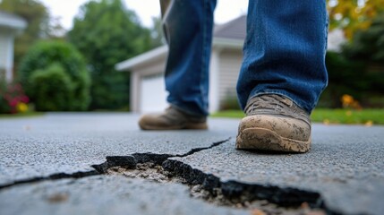 A person walks on a cracked driveway. This image is ideal for showcasing the need for driveway repairs or highlighting the consequences of neglect.