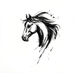 Artistic black and white horse illustration, dynamic brush strokes for modern decor