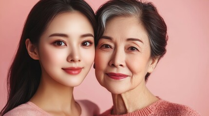 Young woman and her elderly mother take care of their skin and look great,Two generations,Beautiful middle aged mother and her adult daughter,skincare and Aging concept,Comparison of young and old.