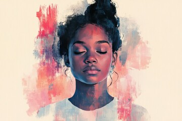 Fototapeta premium Surreal digital portrait of a woman with abstract paint splashes symbolizing creativity emotional expression and mental health in a vibrant artistic design