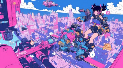 Fototapeta premium A futuristic anime girl with pink and blue hair stands on a pink and blue mechanical vehicle in a futuristic cityscape.