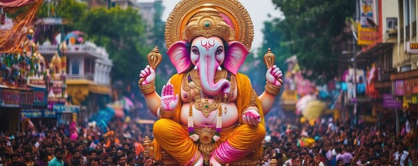 Ganesh Chaturthi festival, large colorful statue of Lord Ganesh among crowds of people praying and celebrating Illustration for banner design poster greeting card print